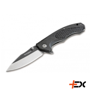 Böker Magnum Omen Not a high end knife, but because its rough, doing great on the daily jobs. G10/carbon handle and stonewashed blade makes it look cool, but deep carry clip hides it well. 440A steel G10/carbon handle Deep Carry clip Flipper or thumbstud opening Linerlock 9cm bladelength 21cm overall length stonewashed blade 3,3mm blade thickness 125g weigth